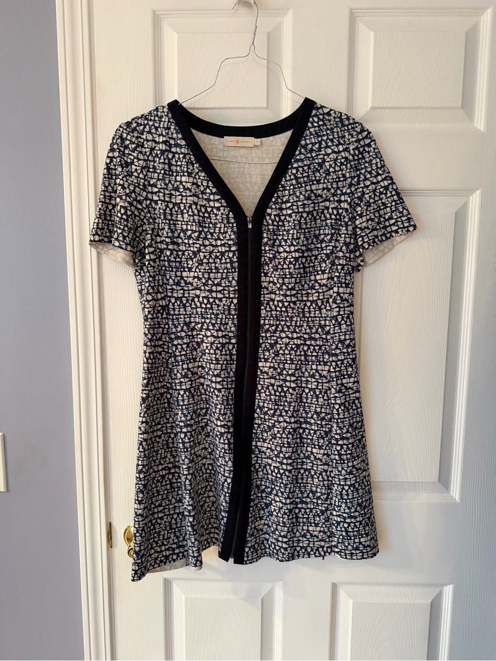 Tory Burch Navy and White V‑Neck Zip Dress size large